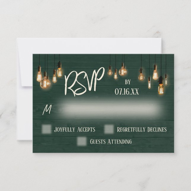 Dark Green Rustic Wood and Edison Lights RSVP Card (Front)