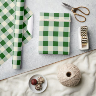 Dark Green, Sage, Cream Medium Check Wrapping Paper
