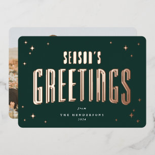 Dark Green Season's Greetings Retro Stars Photo  Foil Holiday Card