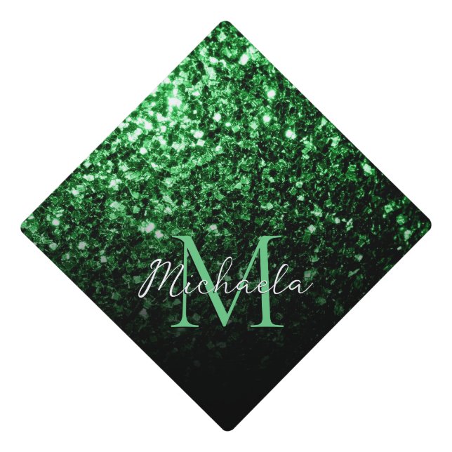 Dark green shiny faux glitter sparkle Monogram Graduation Cap Topper (Front)