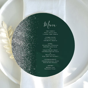 Dark Green Silver Glitter Round Plate Wedding Menu