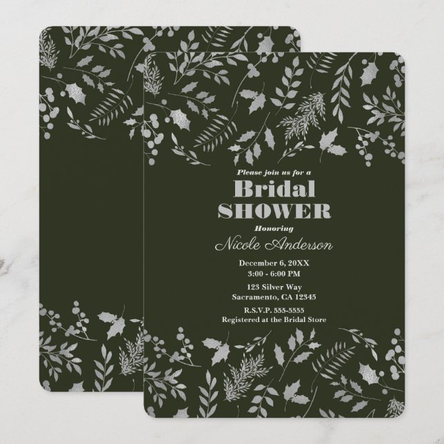 Dark Green Silver Leaves Botanical Bridal Shower Invitation (Front/Back)