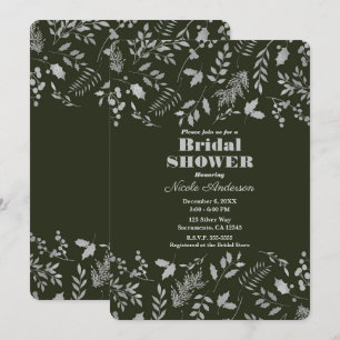 Dark Green Silver Leaves Botanical Bridal Shower Invitation