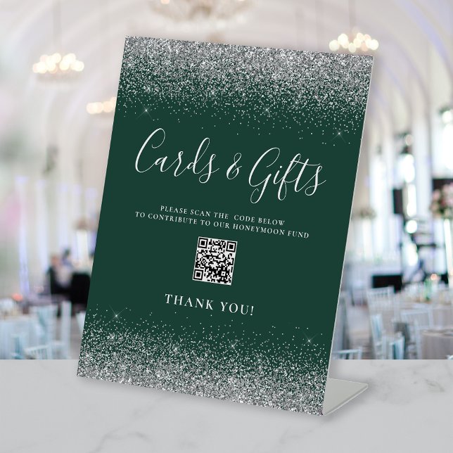 Dark Green Silver Wedding Cards Gifts QR Code Pedestal Sign (Creator Uploaded)