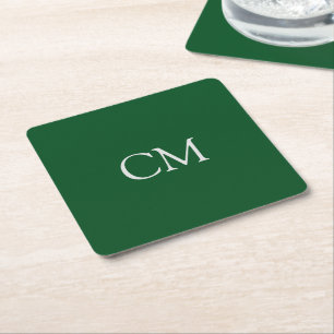 Dark green simple monogram square paper coaster
