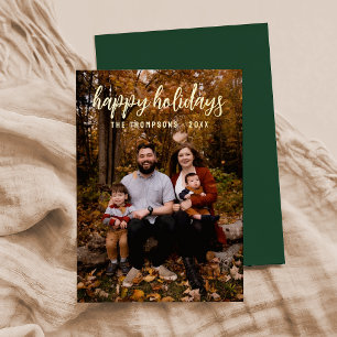 Dark Green Simple Photo "Happy Holidays" Script  Foil Holiday Card