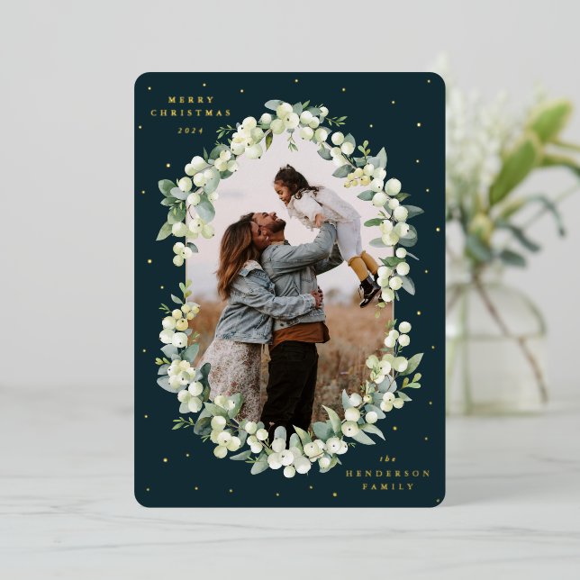 Dark Green Snowberry+Eucalyptus Christmas Photo Foil Holiday Card (Standing Front)