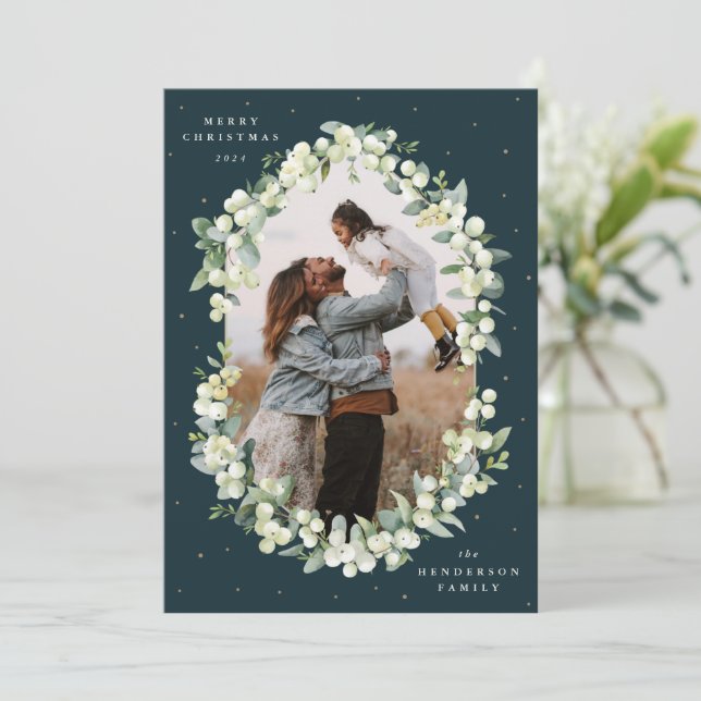 Dark Green Snowberry+Eucalyptus Christmas Photo Holiday Card (Standing Front)