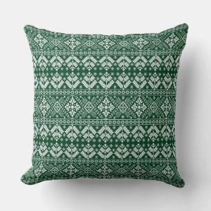 Dark Green Snowflake & Floral Fair Isle Christmas Throw Pillow
