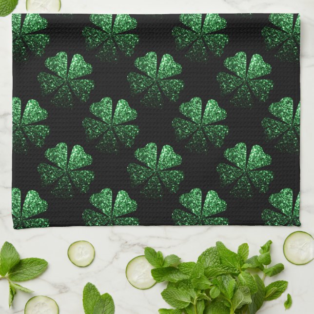 Dark Green sparkly Shamrock pattern on black Kitchen Towel (Folded)