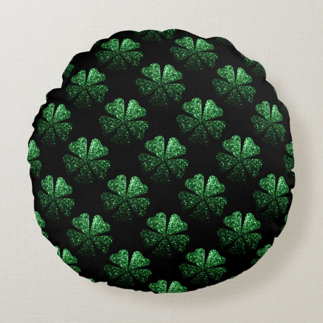 Dark Green sparkly Shamrock pattern on black Round Pillow (Front)
