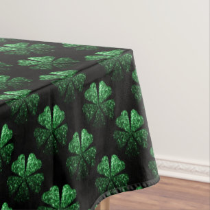 Dark Green sparkly Shamrock pattern on black Tablecloth