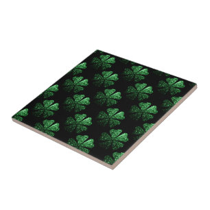 Dark Green sparkly Shamrock pattern on black Tile