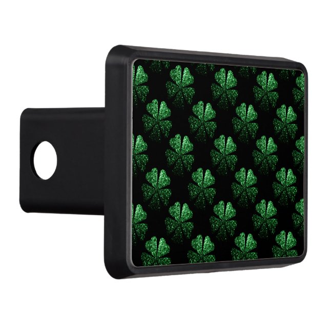 Dark Green sparkly Shamrock pattern on black Trailer Hitch Cover (Right)