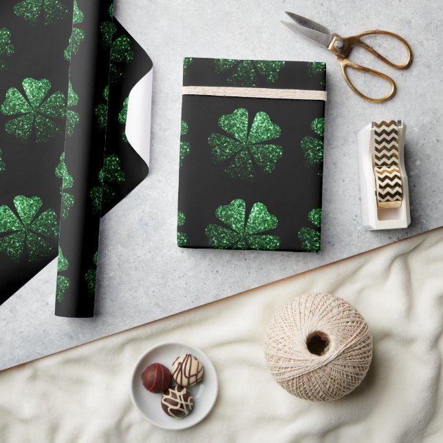 Dark Green sparkly Shamrock pattern on black Wrapping Paper (Crafts)