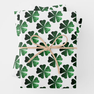 Dark Green sparkly Shamrock pattern on white Wrapping Paper Sheet