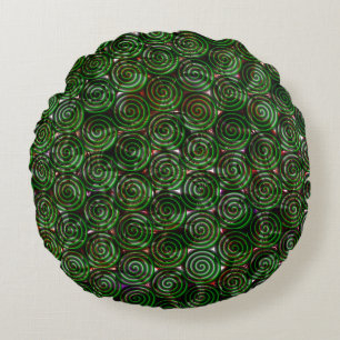 Dark green spirals transparent upon stained image round pillow