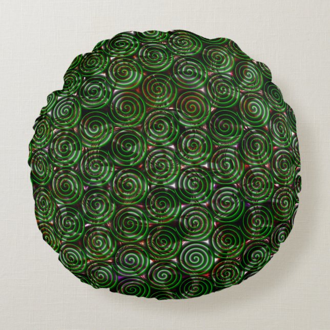 Dark green spirals transparent upon stained image round pillow (Front)