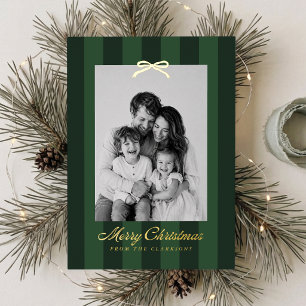 Dark Green Striped Foil Bow One Photo Holiday Card