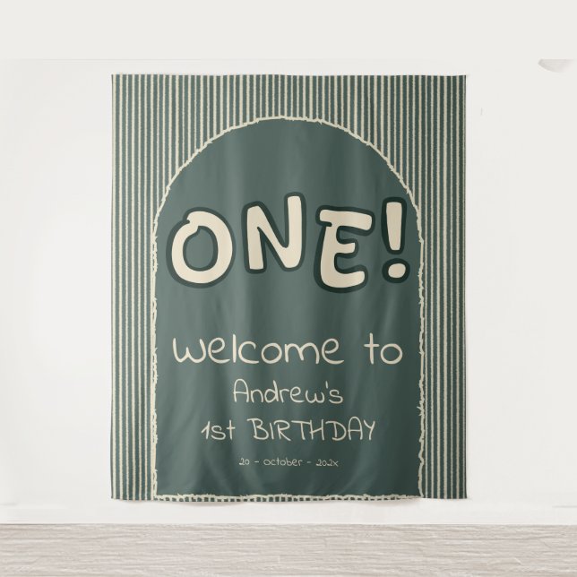 Dark Green Stripes 1st Birthday Backdrop Tapestry (Front)