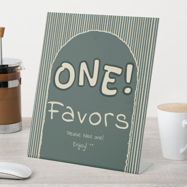 Dark Green Stripes 1st Birthday Favors Pedestal Sign (In SItu)