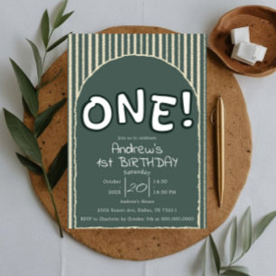 Dark Green Stripes 1st Birthday Invitation