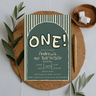 Dark Green Stripes 1st Birthday Invitation