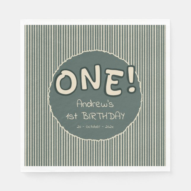 Dark Green Stripes 1st Birthday Napkin (Front)