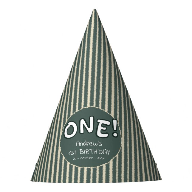 Dark Green Stripes 1st Birthday Party Hat (Front)