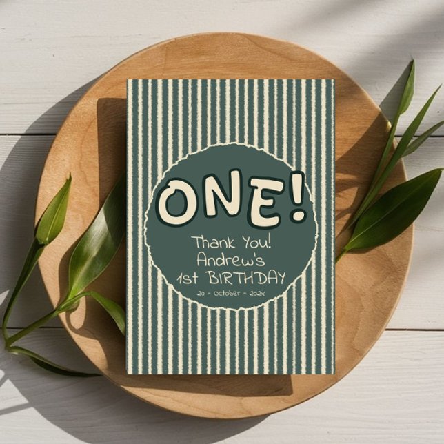 Dark Green Stripes 1st Birthday Thank You Card (Creator Uploaded)