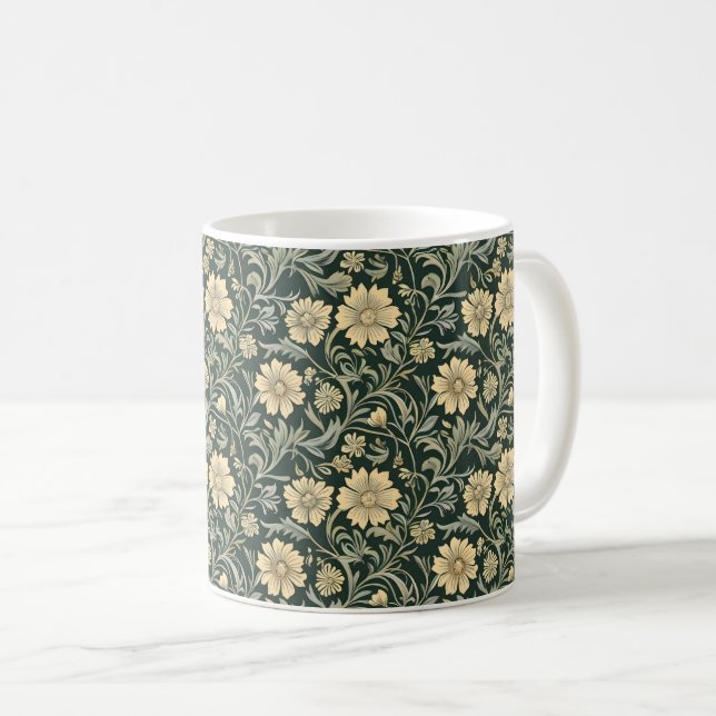 Dark green stylized yellow flowers  pattern  coffee mug (Front Right)