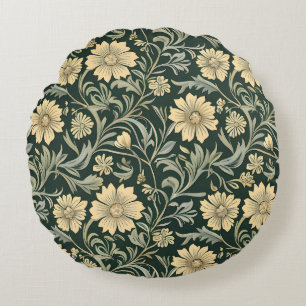 Dark green stylized yellow flowers pattern round pillow
