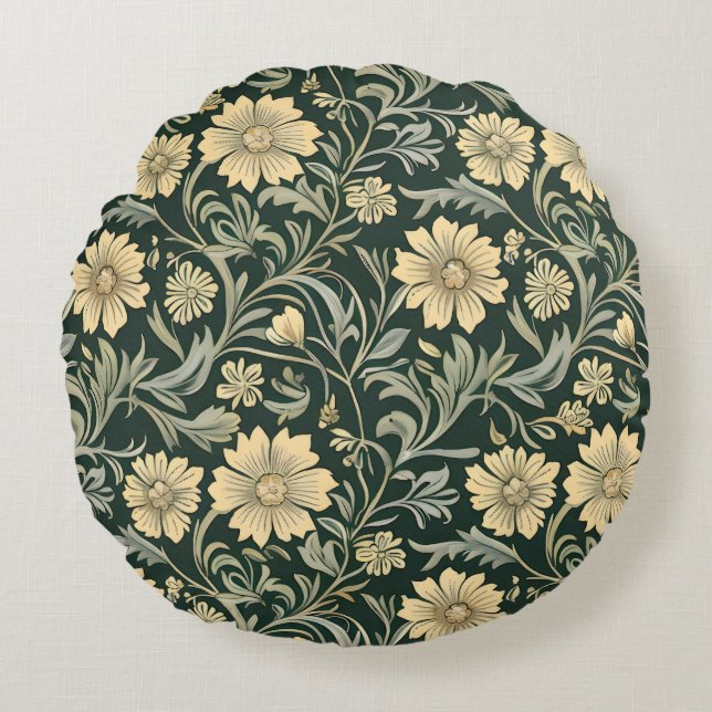 Dark green stylized yellow flowers  pattern  round pillow (Front)
