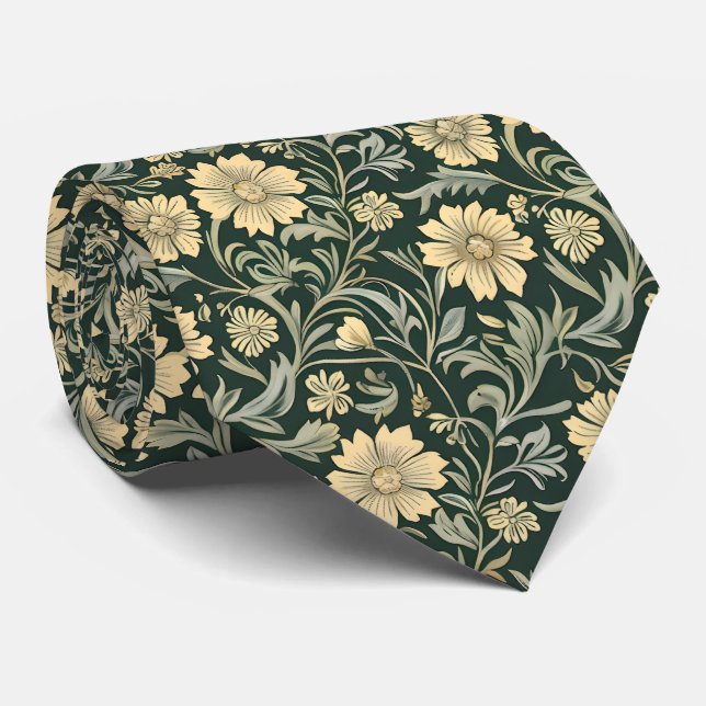 Dark green stylized yellow flowers  pattern  tie (Rolled)