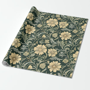 Dark green stylized yellow flowers  pattern  wrapping paper