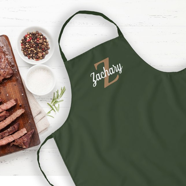 Dark Green Tan Monogram Personalized Apron (Creator Uploaded)