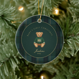 Dark Green Tartan Plaid Babys First Christmas  Ceramic Ornament