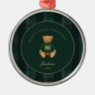 Dark Green Tartan Plaid Babys First Christmas Metal Ornament