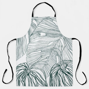 dark green & teal monstera leaves & lilies contour apron