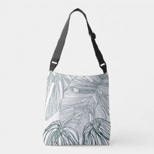 dark green & teal monstera leaves & lilies contour crossbody bag