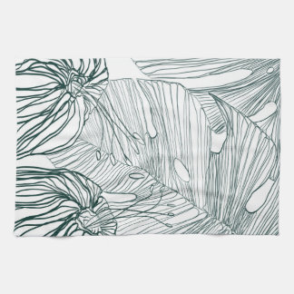dark green & teal monstera leaves & lilies contour kitchen towel