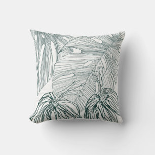 dark green & teal monstera leaves & lilies contour throw pillow