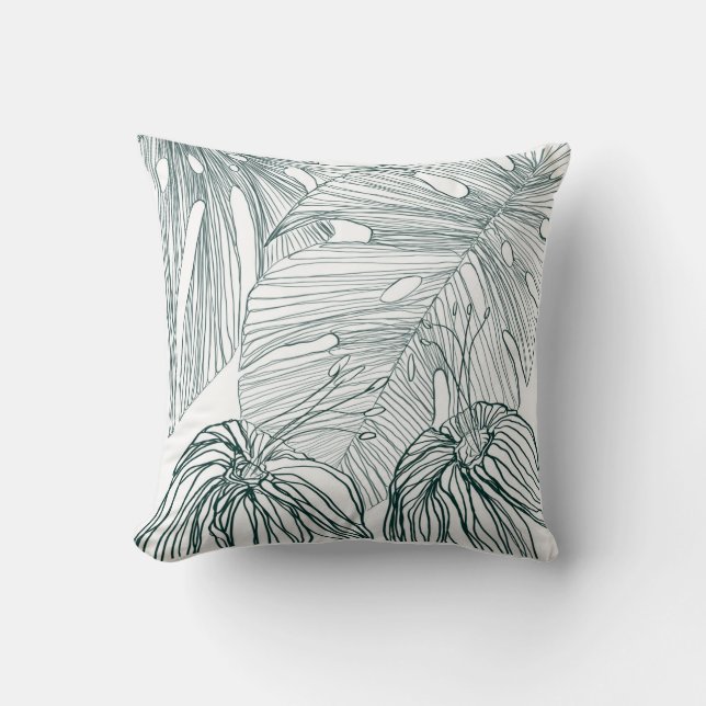 dark green & teal monstera leaves & lilies contour throw pillow (Front)