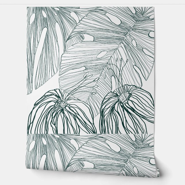 dark green & teal monstera leaves & lilies contour wallpaper (Unrolling)