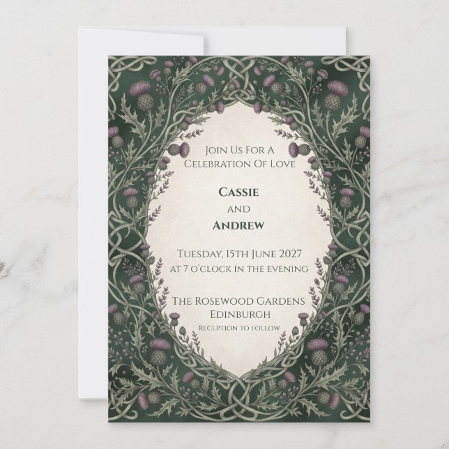 Dark Green Thistle Celtic Arch Wedding Invitation (Front)