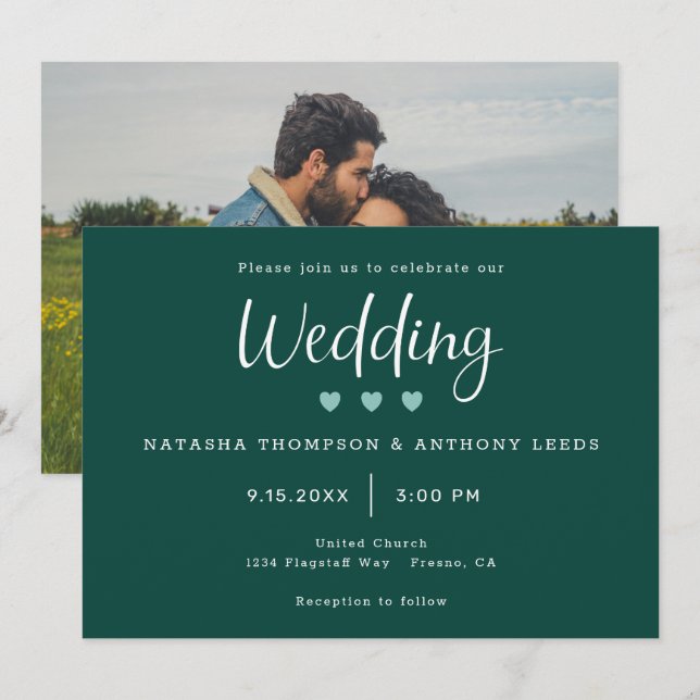 Dark Green Three Hearts Photo Wedding Invitation (Front/Back)