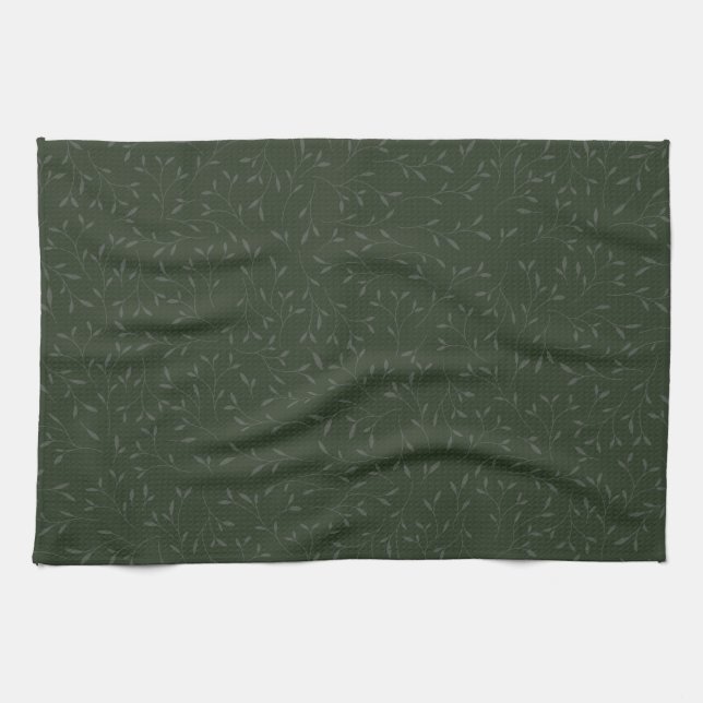 Dark Green Tone on Tone Botanical Vine Pattern Kitchen Towel (Horizontal)