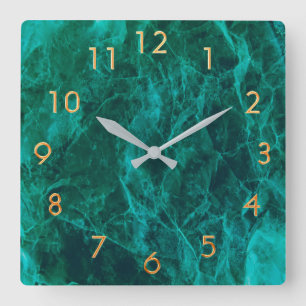 Dark green trendy marble with golden numbers square wall clock