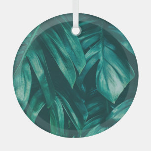 Dark green, tropical jungle foliage. glass ornament