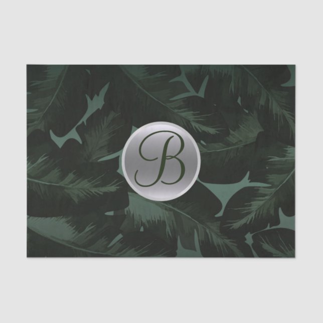 Dark Green Tropical Leaves Monogram Letter Initial Tissue Paper (Front)